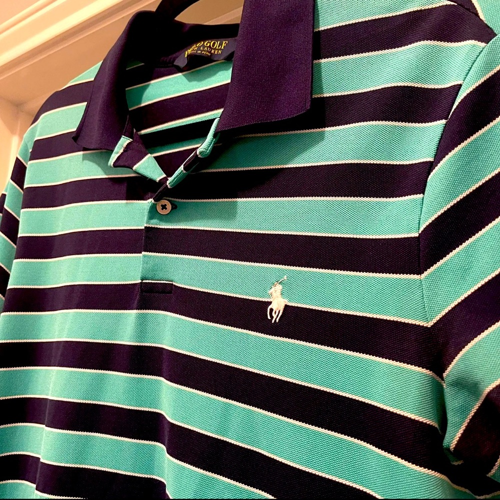 Polo Golf Ralph Lauren Short Sleeve Striped Knit Top Size Medium Teal & Navy